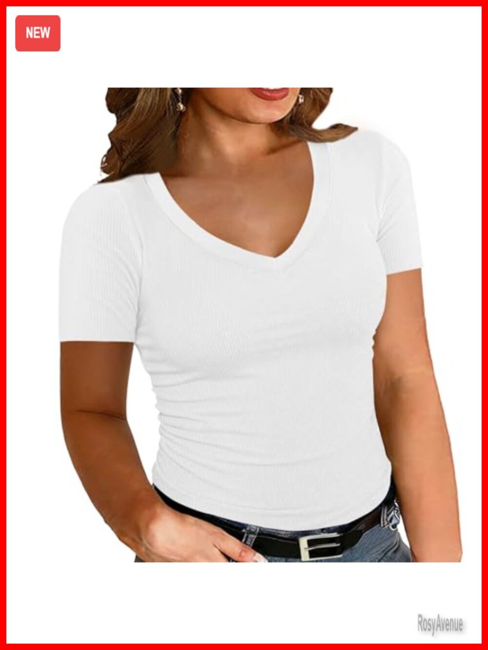 Plus Size V Neck Ribbed Knit Short Sleeve Fitted Tee Basic Top